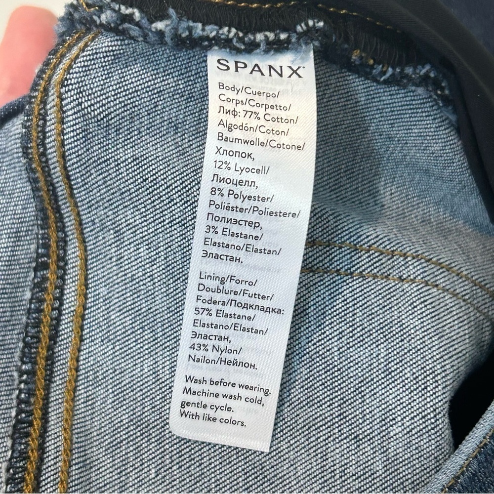 SPANX Medium Wash Distressed Pull-On Raw Hem Denim Leggings - Picture 9 of 14